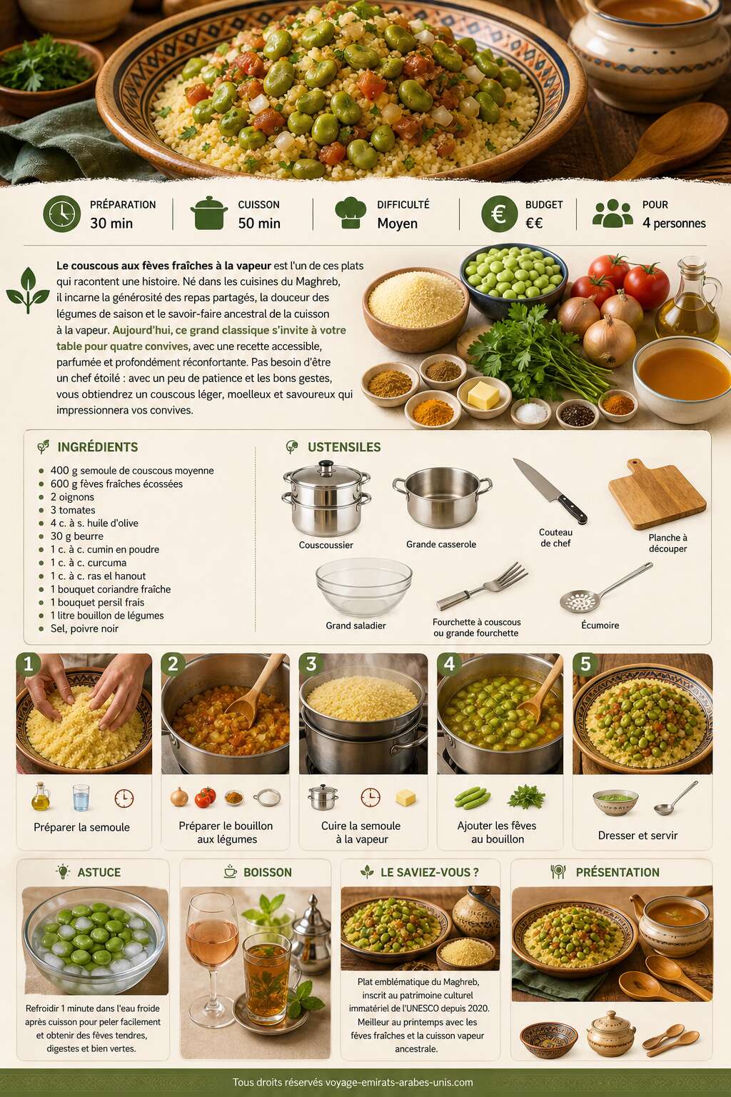 Fiche recette Recette de couscous aux fèves fraîches à la vapeur Fiche recette Recette de couscous aux fèves fraîches à la vapeur