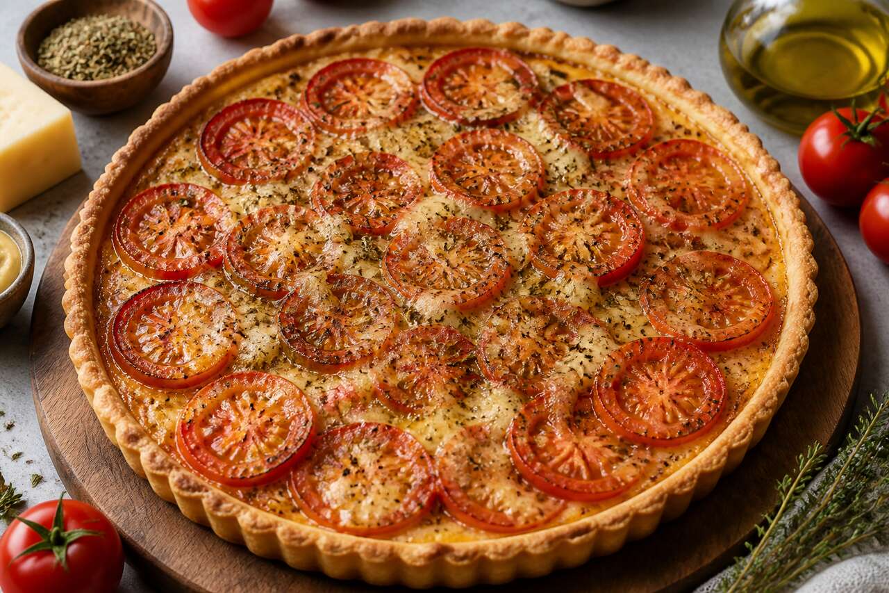 Recette de tarte à la tomate, moutarde et emmental
