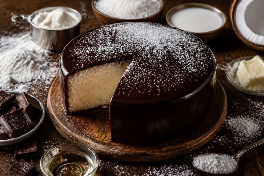 Recette du gâteau prestige à la noix de coco et coque en chocolat