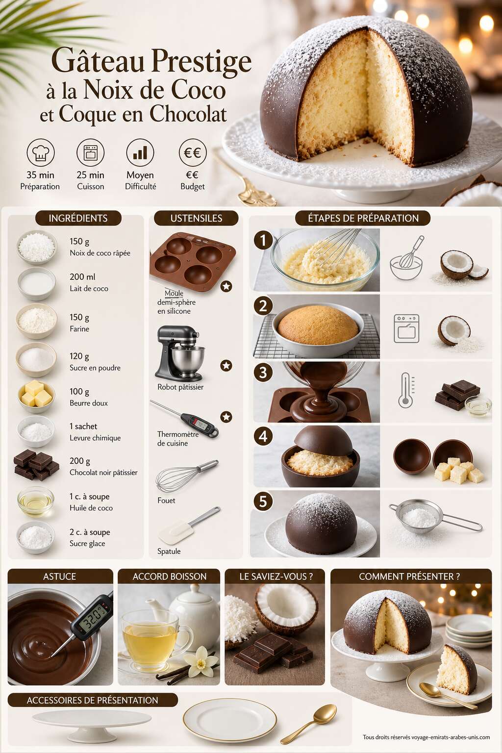 Fiche recette Recette du g&acirc;teau prestige &agrave; la noix de coco et coque en chocolat